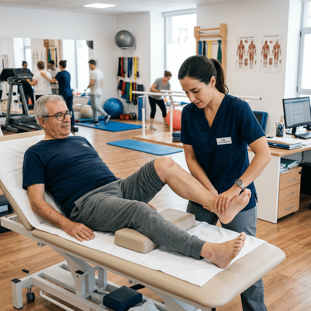 Physical therapist guiding a man's leg exercise in a rehabilitation clinic